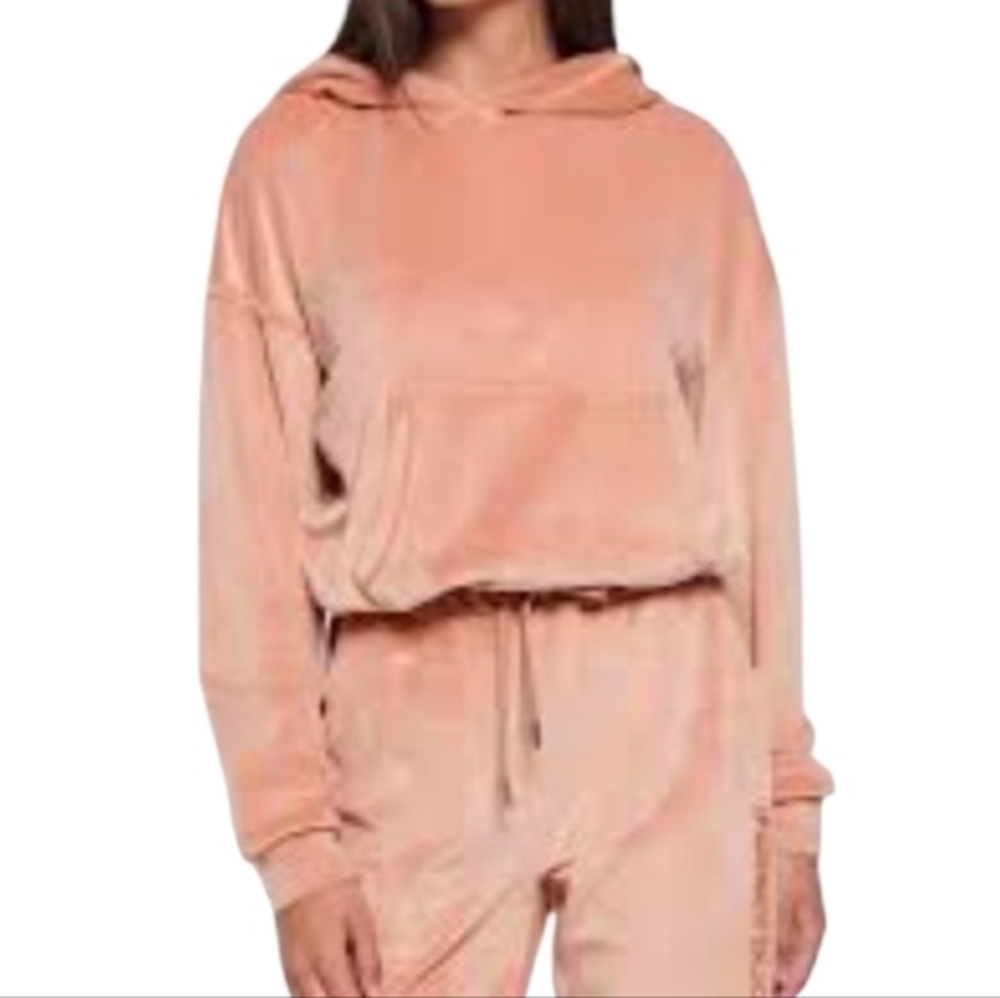 Halston Womens Velour Hoodie Pink Embossed Logo Drawstring Pullover Sweatshirt L
